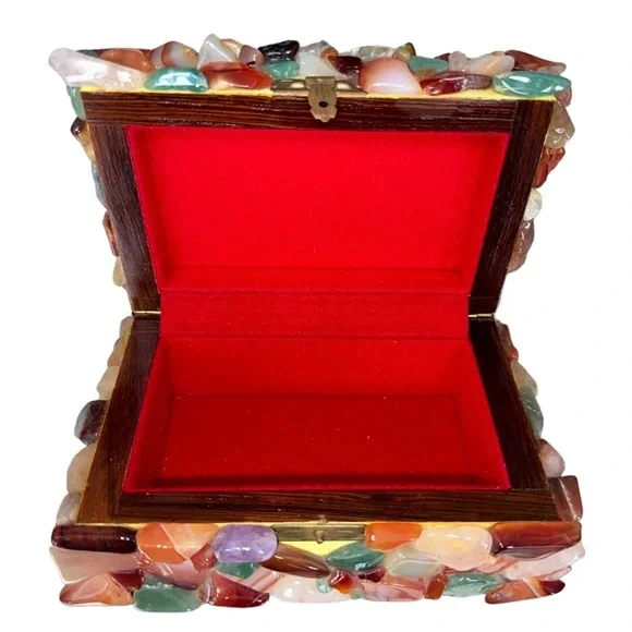 Colored Gemstones on Wooden Trinket Box with A Red Lined Interior Jewelry Box